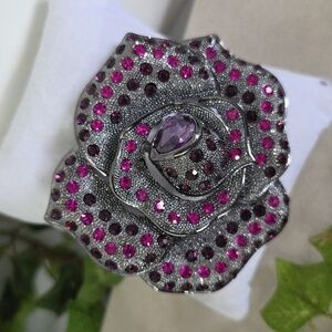 Vintage Oxidized Silver with Purple Rose Flower Brooch Pin